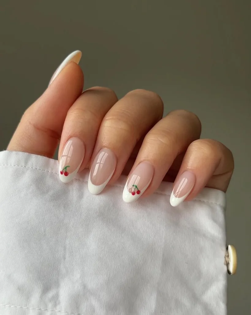 Almond White French Tip Nails with Red Cherries
