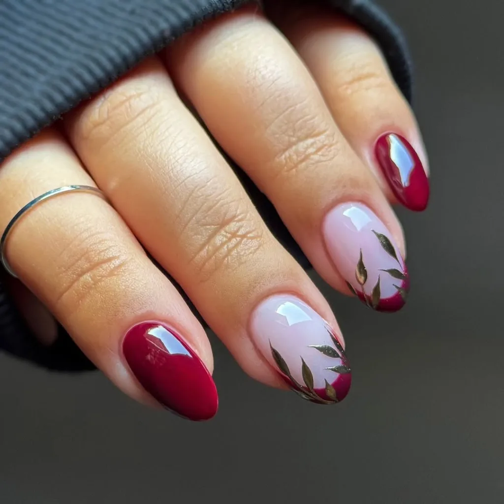 Short Round Red French Tip Nails with Baby Pink Base Nails and Leaf Designs