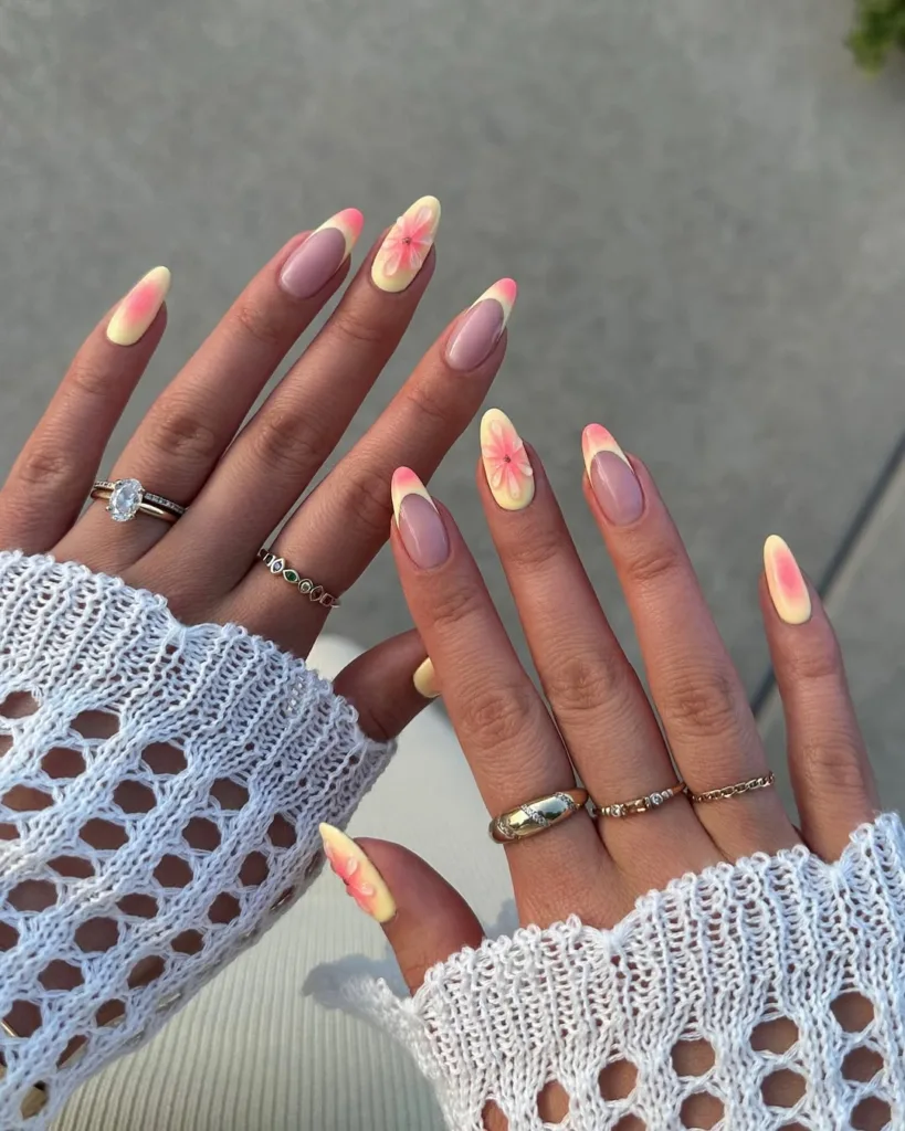 Yellow + Pink Ombre Nail + Yellow French Tip Nails