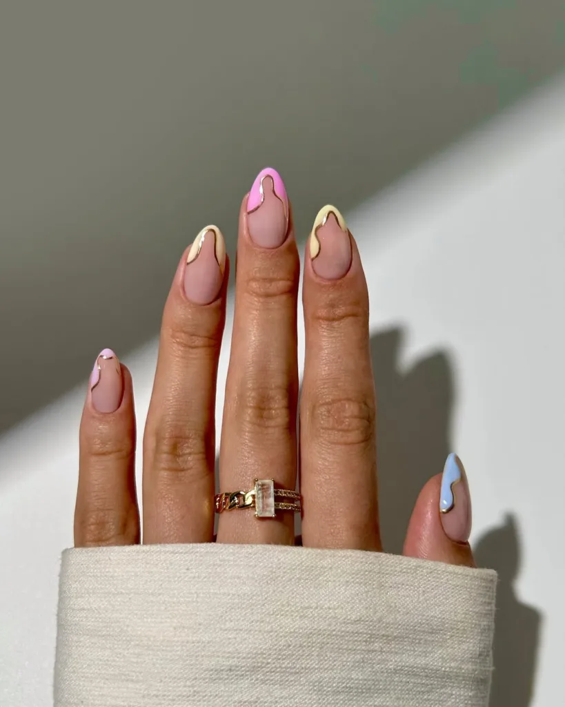 Wavy French Tips With Golden Borders Spring Nails