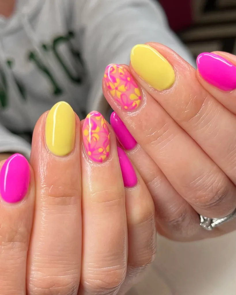 Pink + Yellow Floral Summer Nails