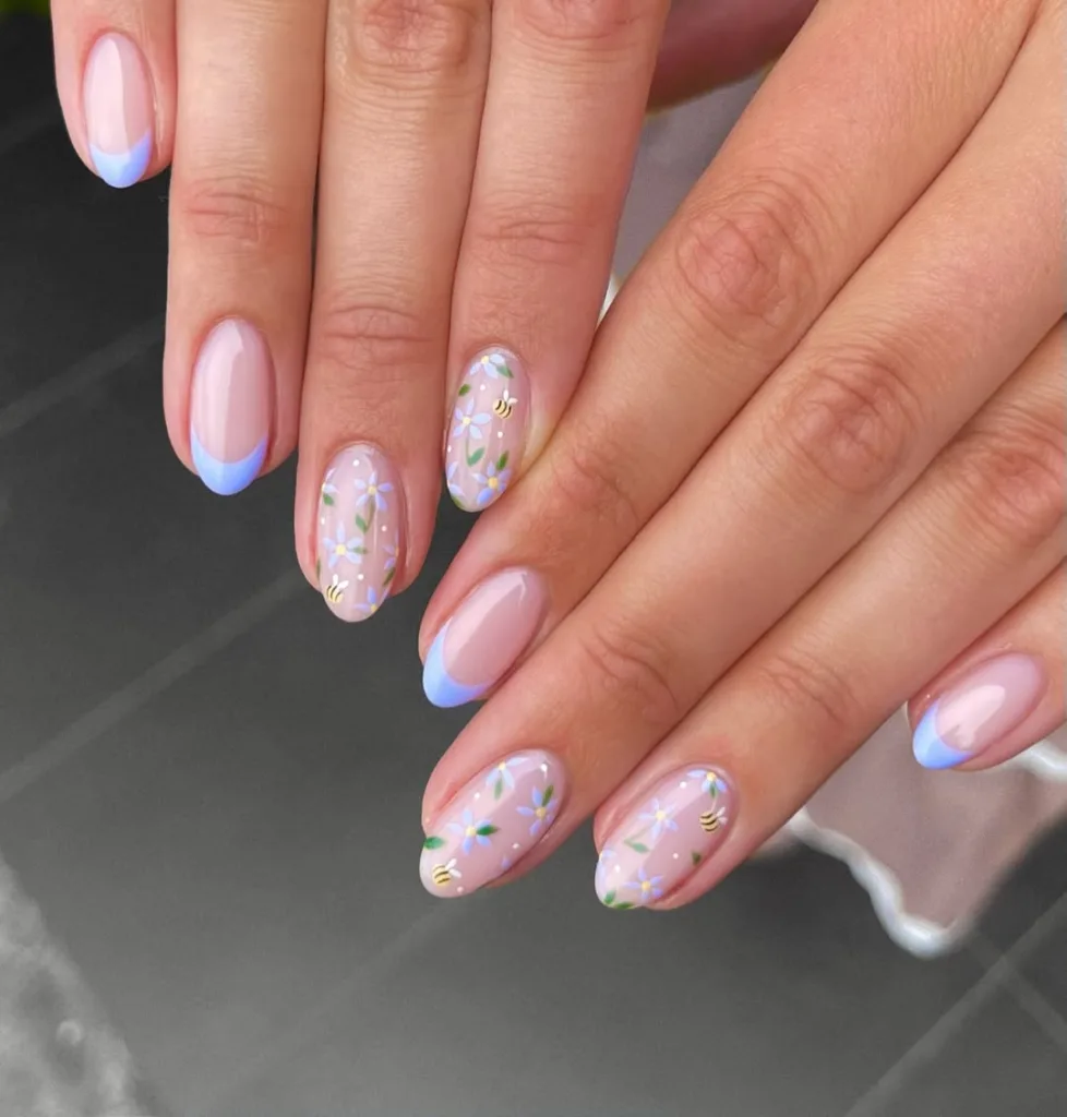 Blue French Tips with Flowers and Bees Spring Nails
