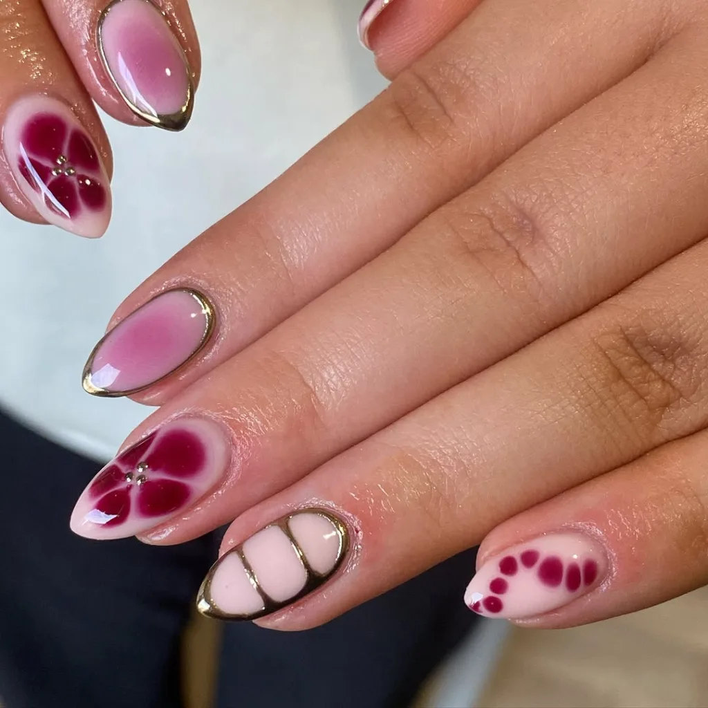 Magenta Nails with Golden Accents Spring Nails