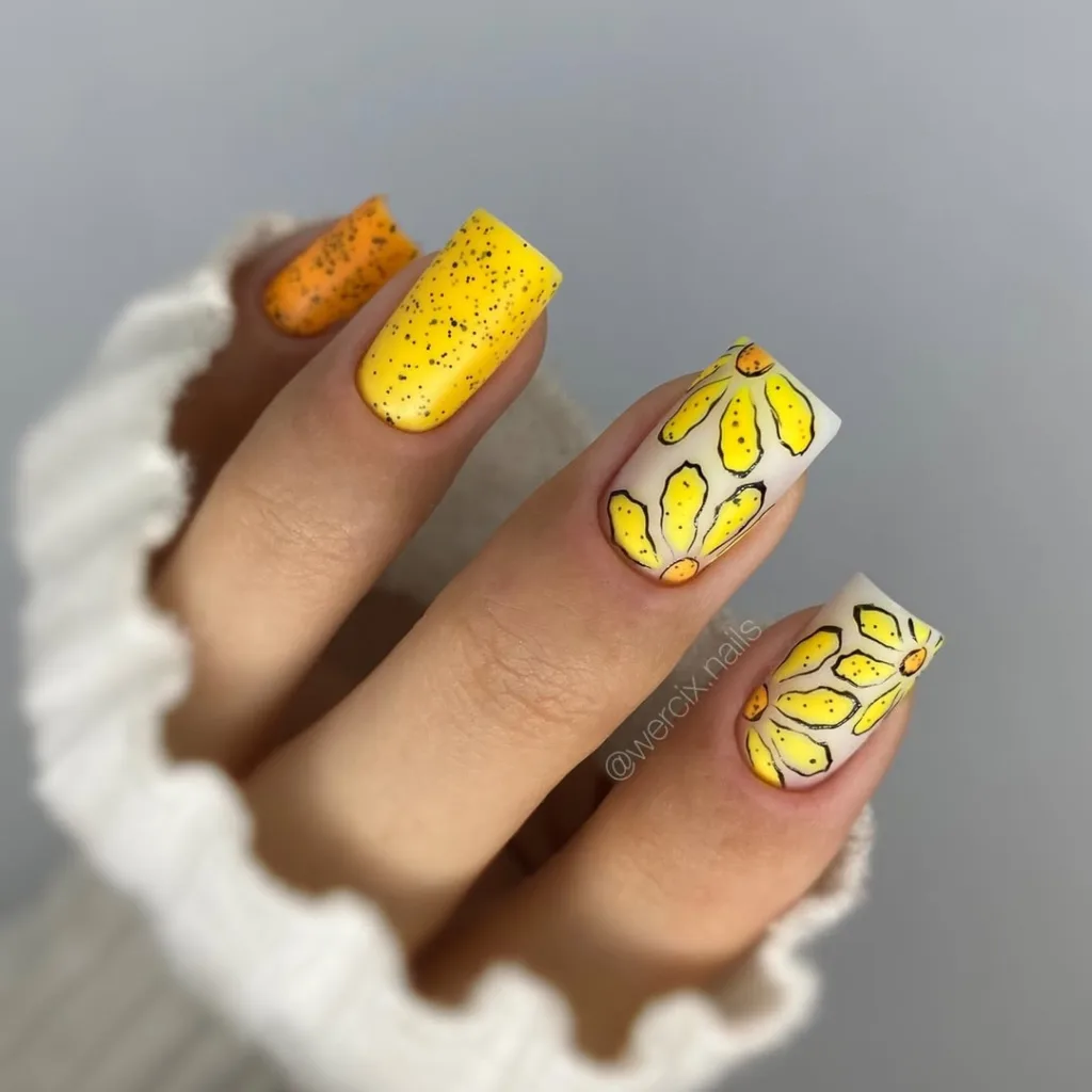 Short Square White +Yellow Nails