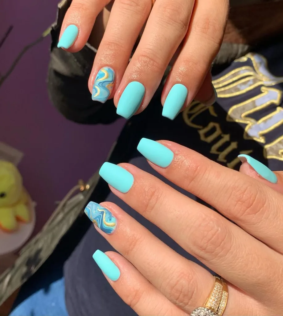 Short Square Blue Swirl Summer Nails