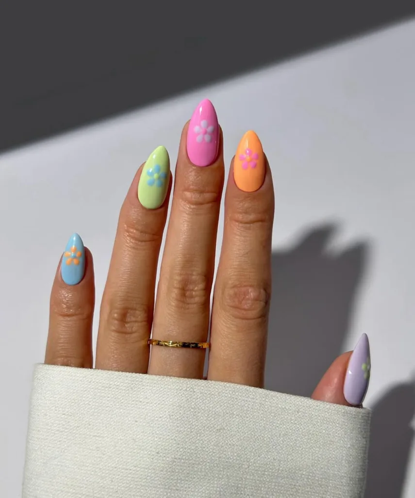 Pink + Orange + Green + Blue Spring Nails with Flowers