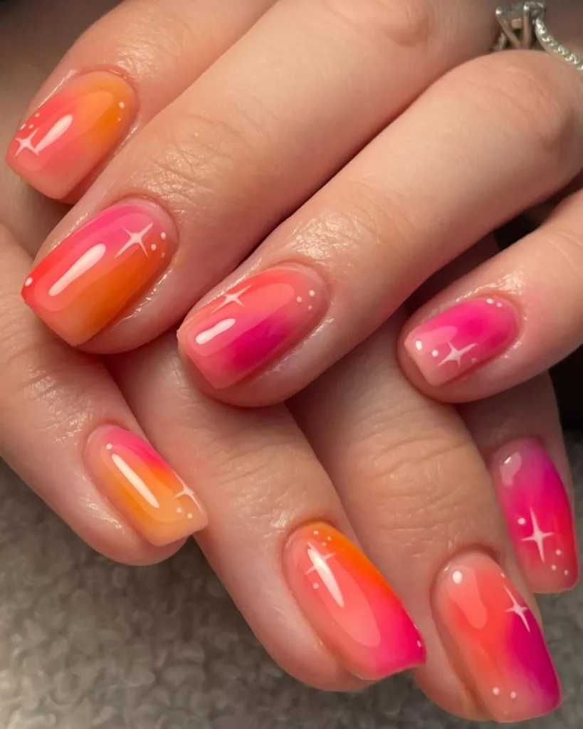 Short Square Pink + Orange Summer Nails