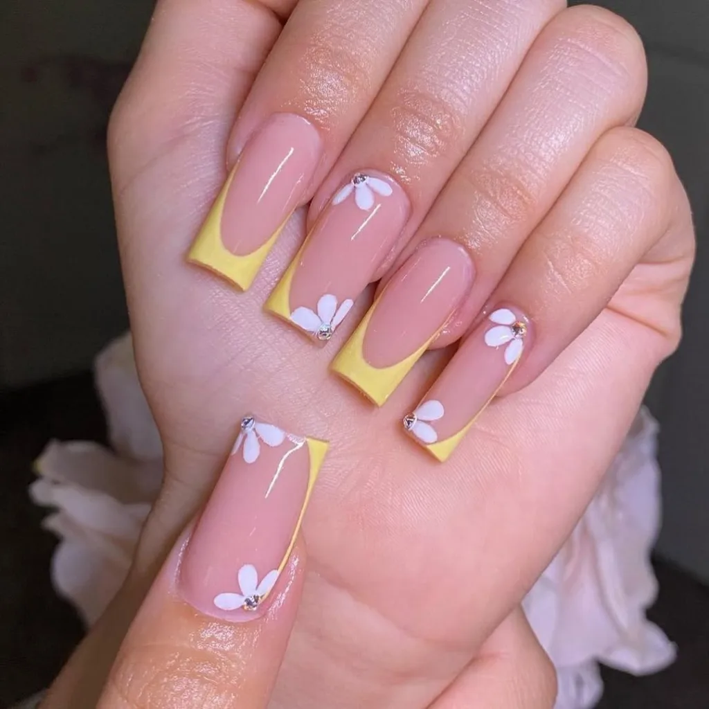 Long Square Yellow French Tip Nails with White Flowers