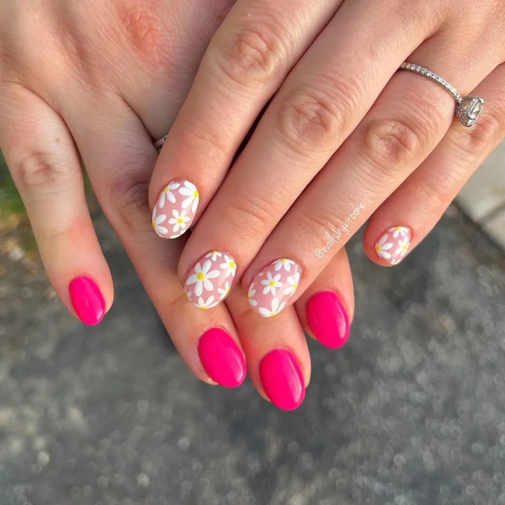 Short Pink + White Floral Summer Nails