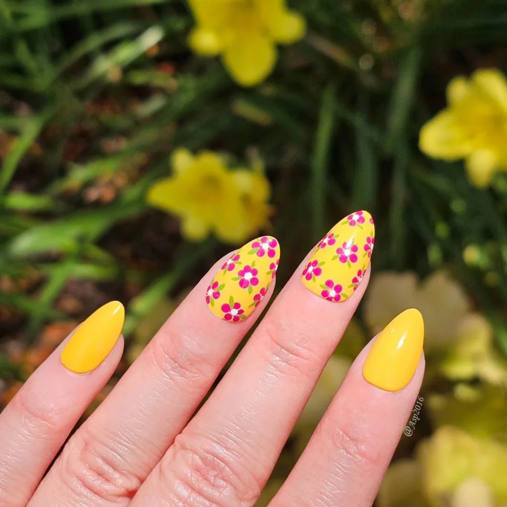 Yellow Nails with Pink Flowers