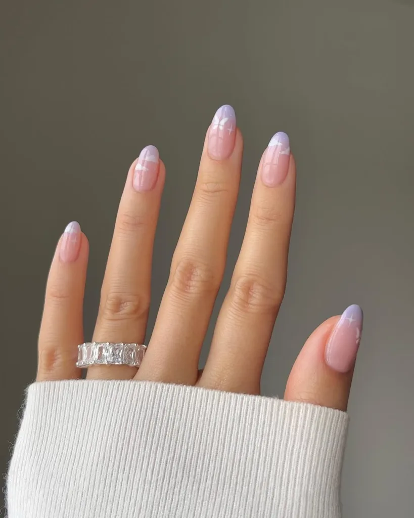 Purple French Tips with Butterflies and clouds Spring Nails