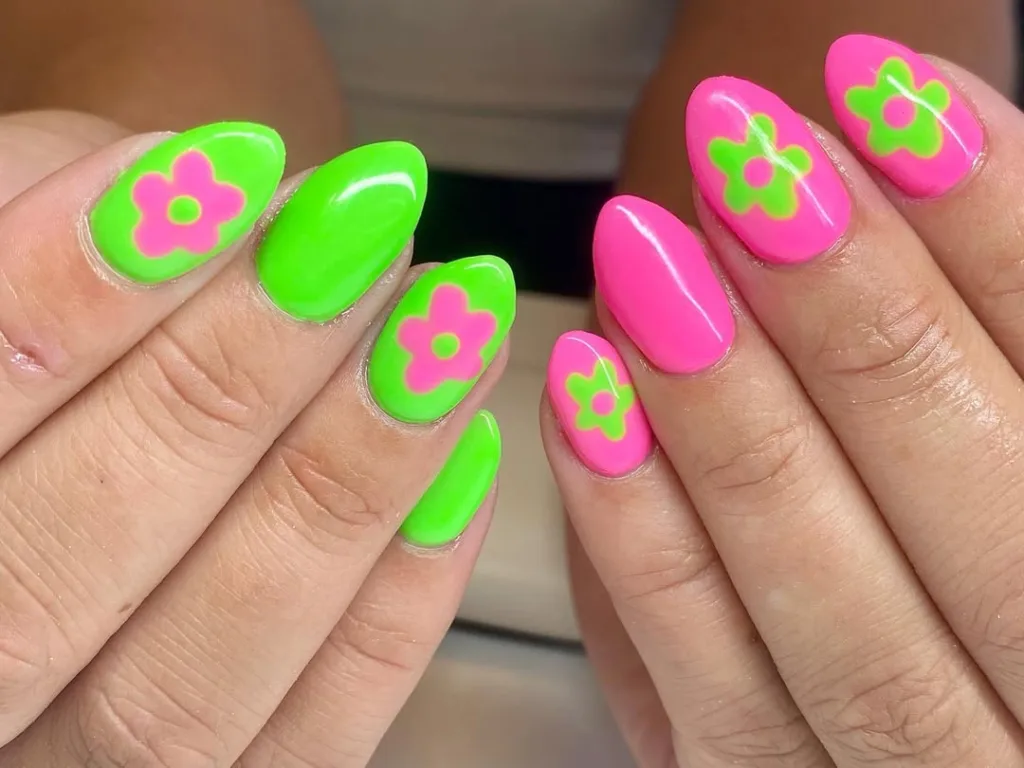 Short Oval Green + Pink Summer Nails
