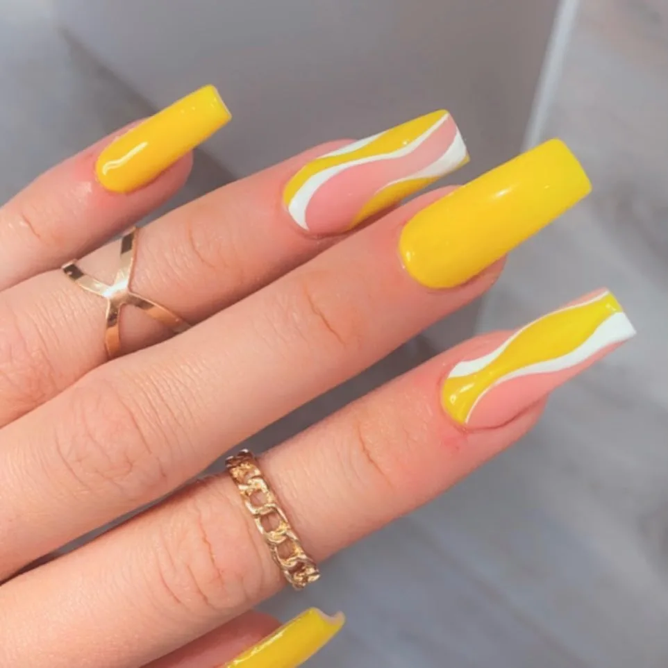Coffin Yellow + White Swirl Summer Nails
