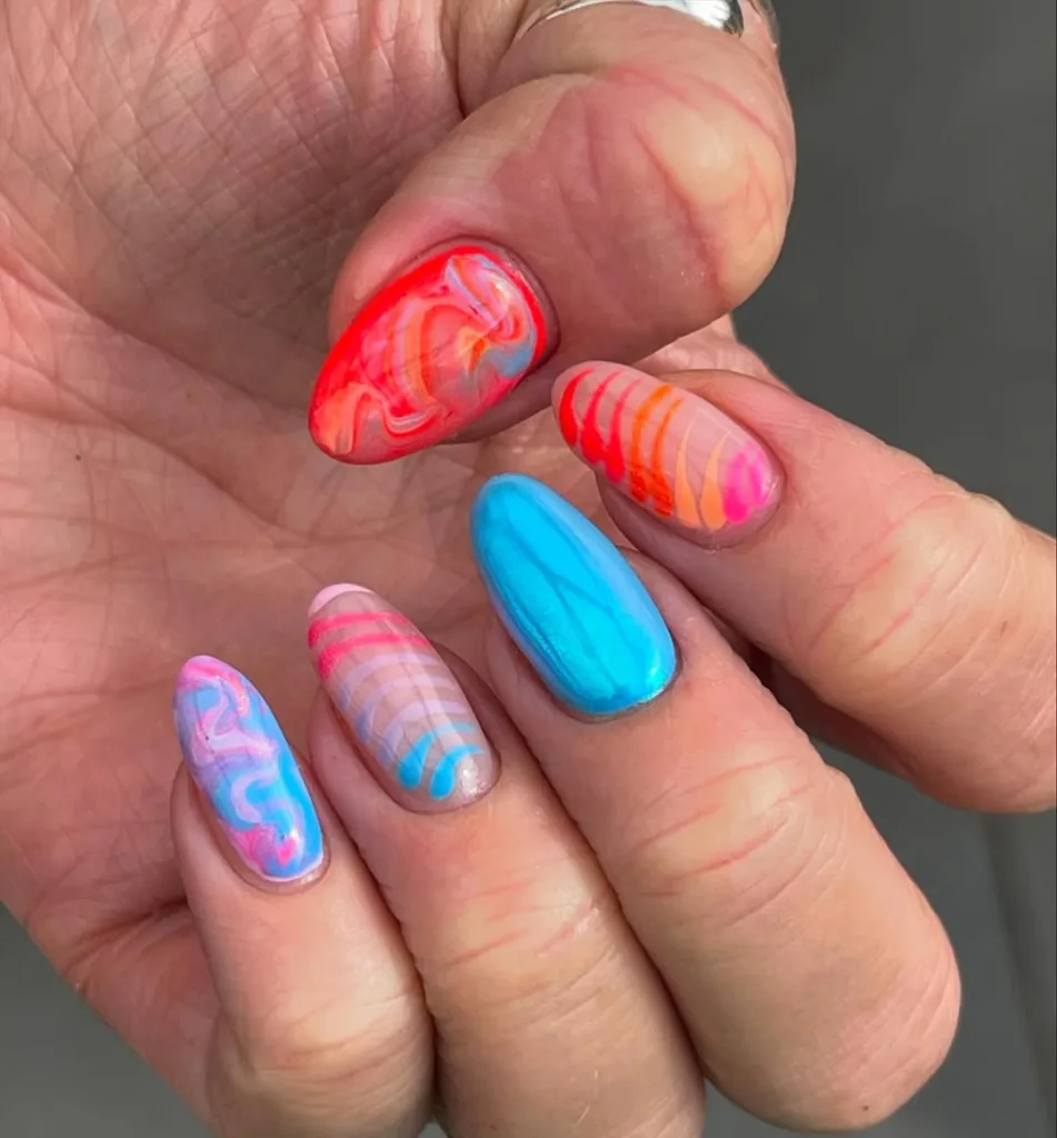 Oval Blue + Red Swirl Summer Nails