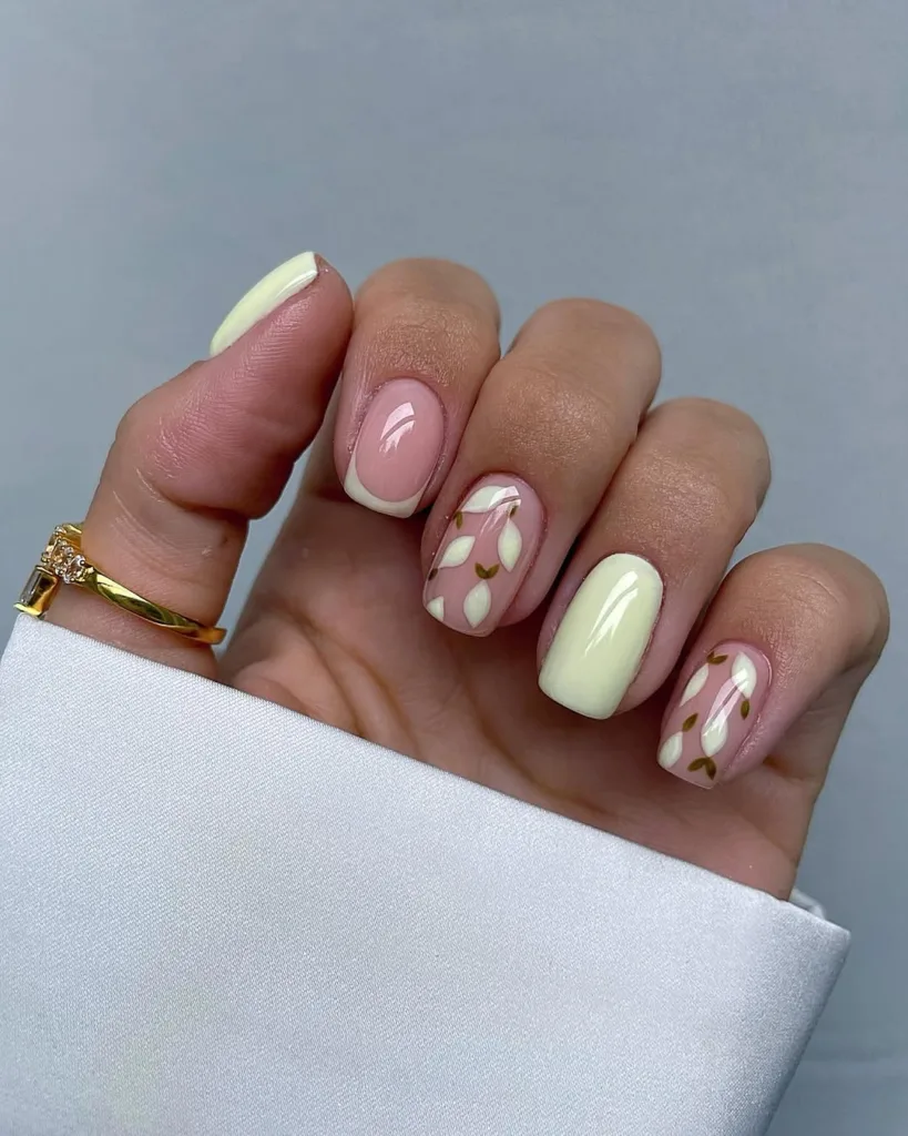Mint Green Nails with Leaves Spring Nails
