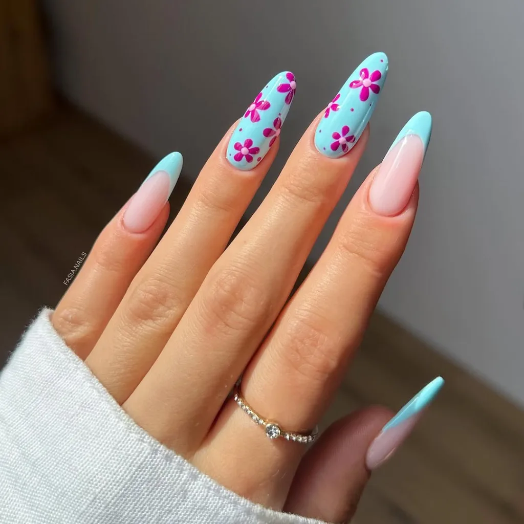 Blue Nails with Pink Flowers Spring Nails
