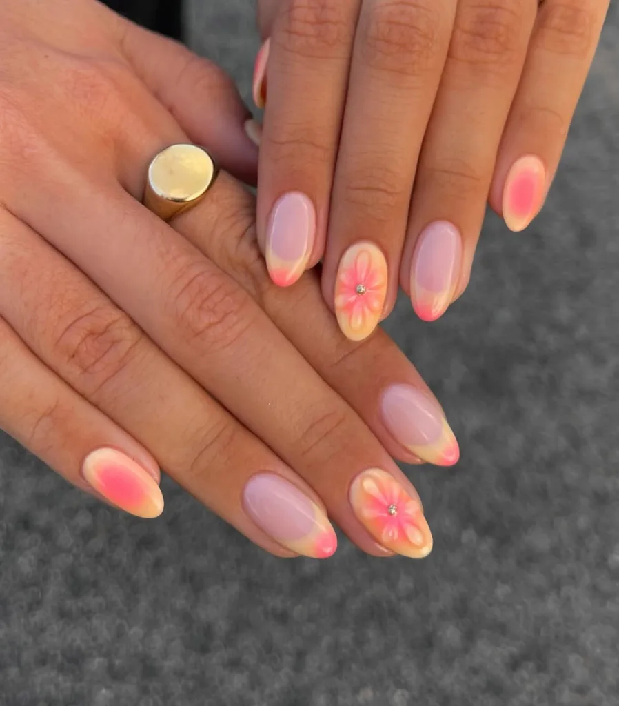 Pink and Yellow Aura nails with French tips Spring Nails