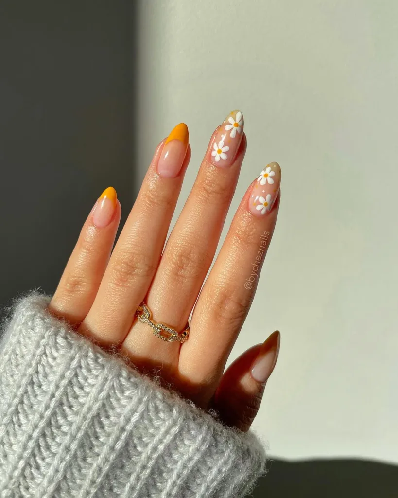 Orange French Tips + White Daisy's Spring Nails
