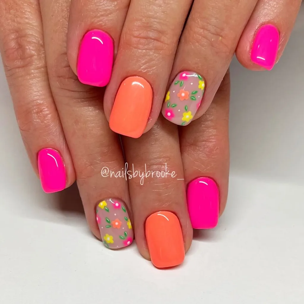 Short Square Pink + Orange Floral Summer Nails