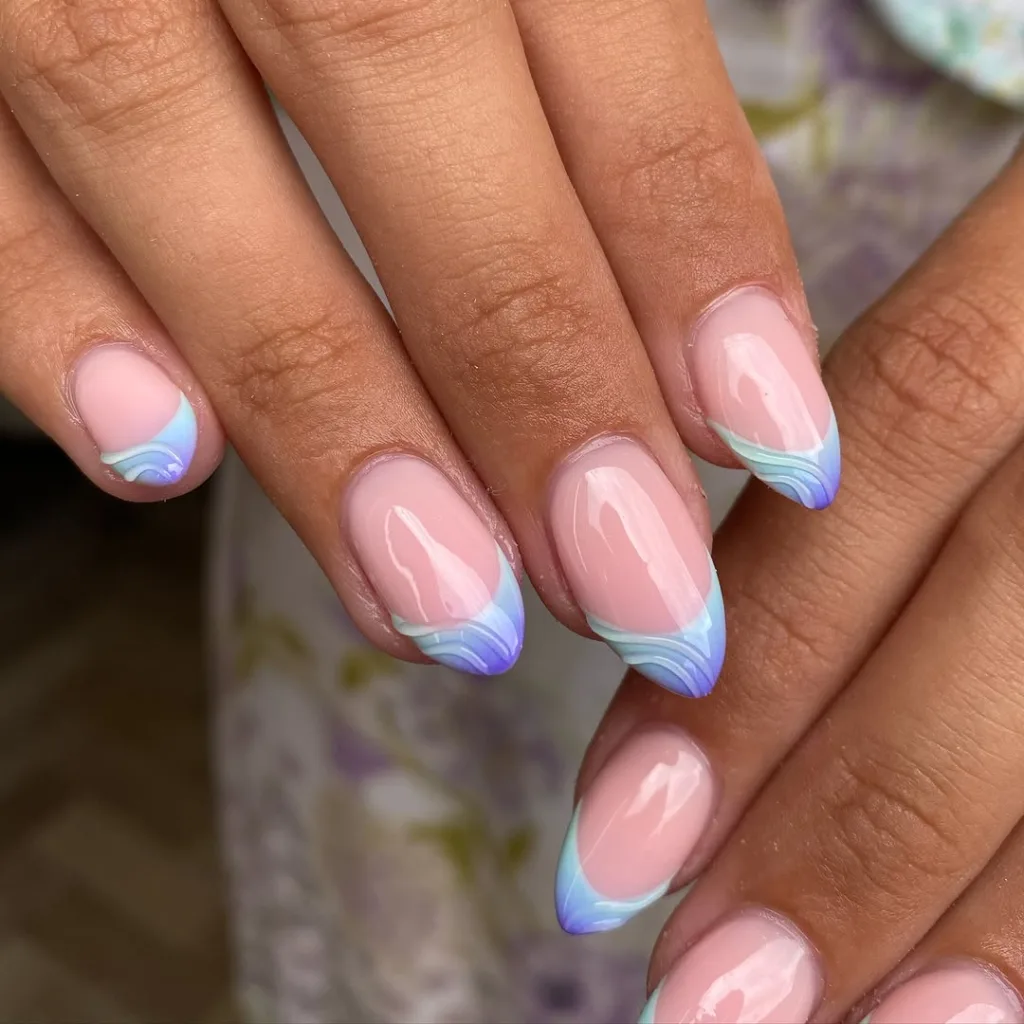 Wavy Swirl Nails with Blue French Tips Spring Nails