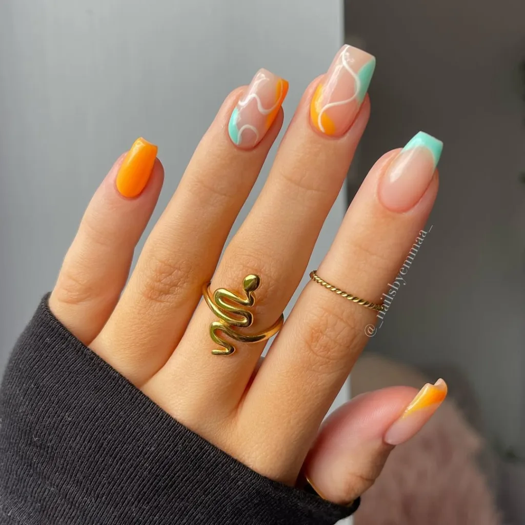 Square Blue and Orange Spring Nails