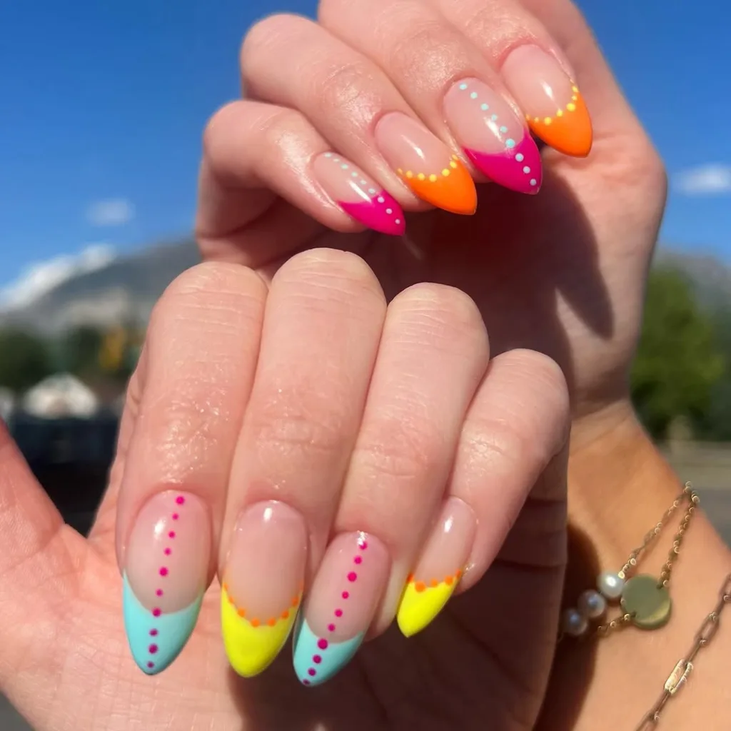 Stiletto Pink + Orange + Yellow + Blue French Tip Summer Nails