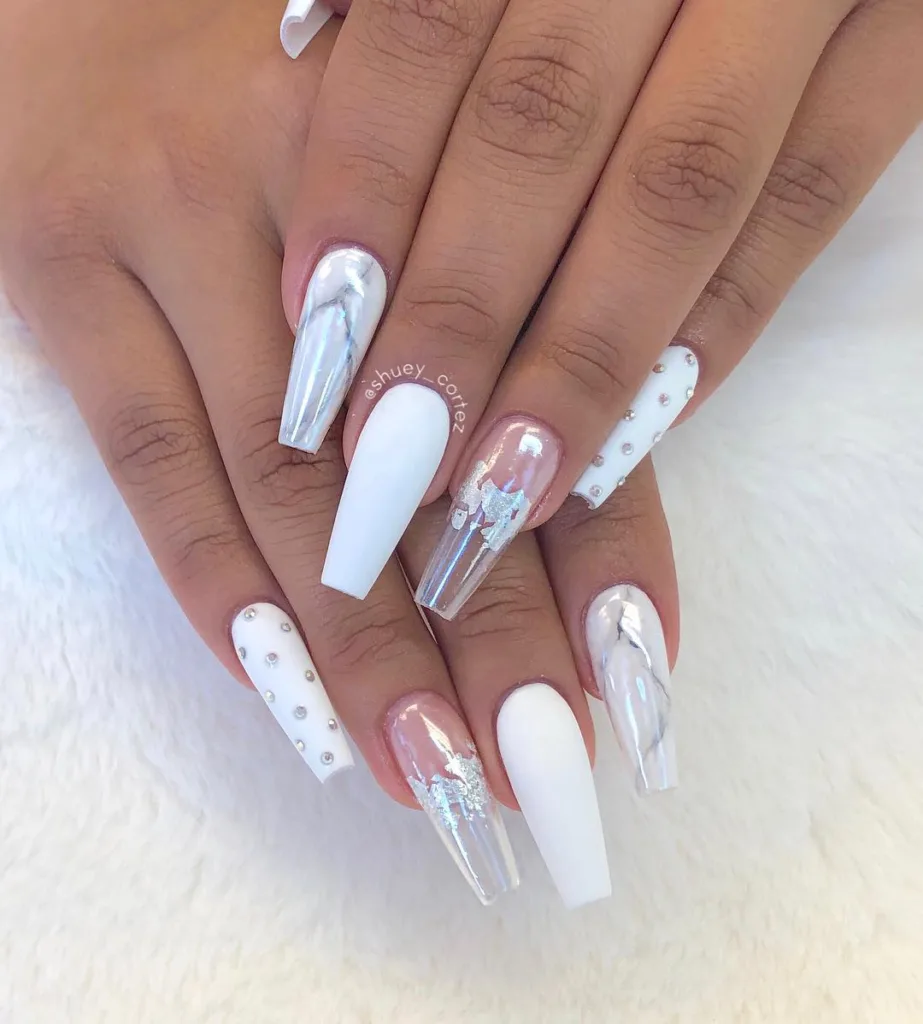 Long Square White Chrome Nails with Marble Effect