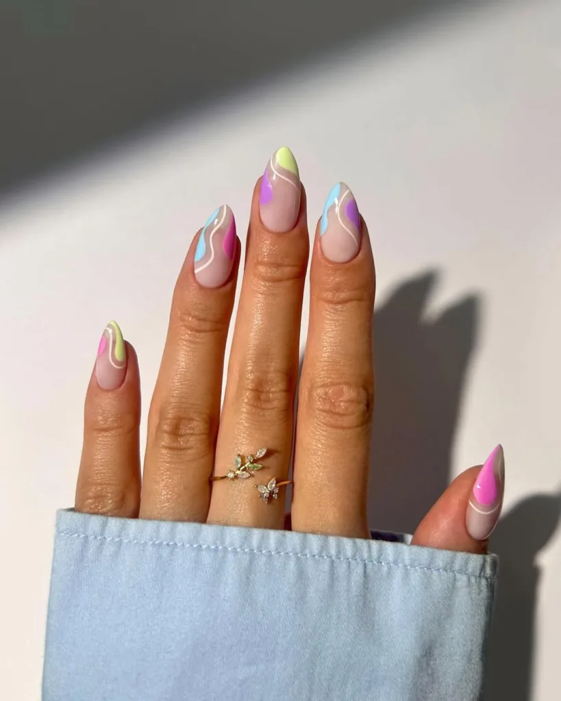 Almond Pastel swirl Spring Nails