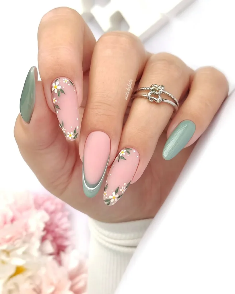 Round Green Floral Spring Nails