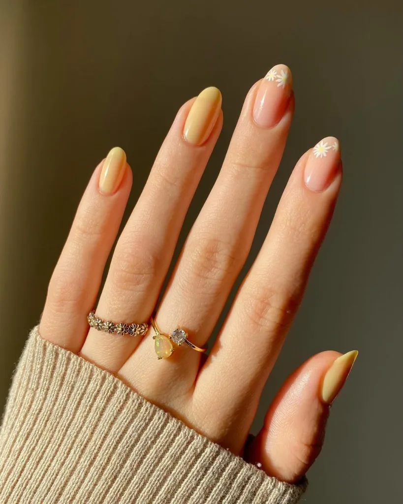 Round Yellow Nails + White Flowers French Tip Nails