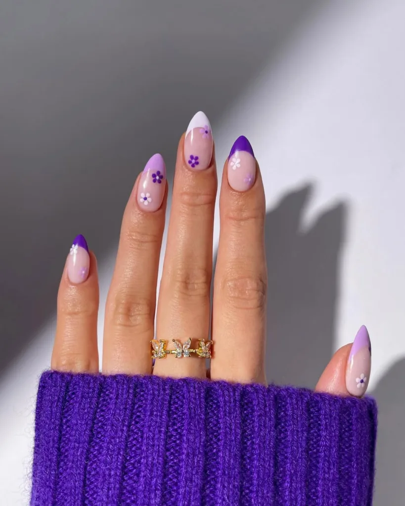 Purple and White Flower Spring Nails
