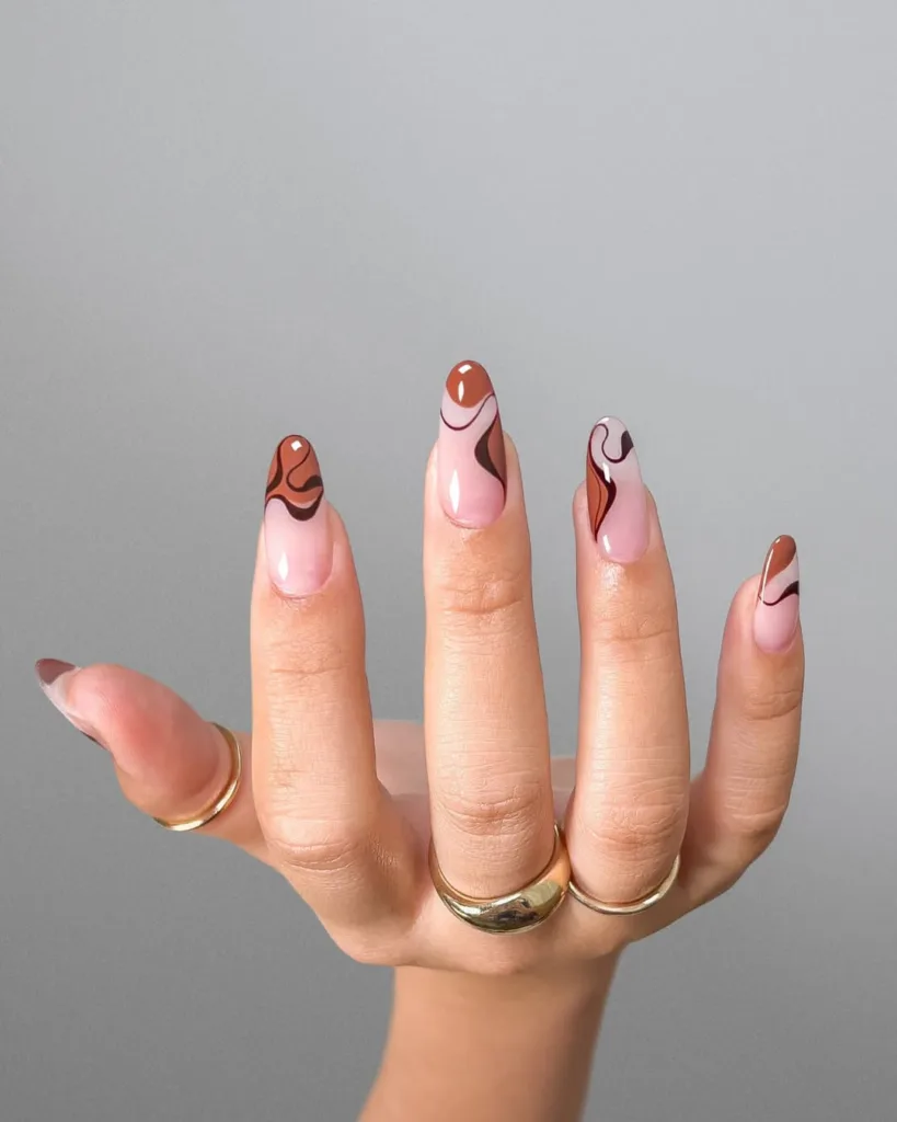 Brown Swirl Nails with Pink Base