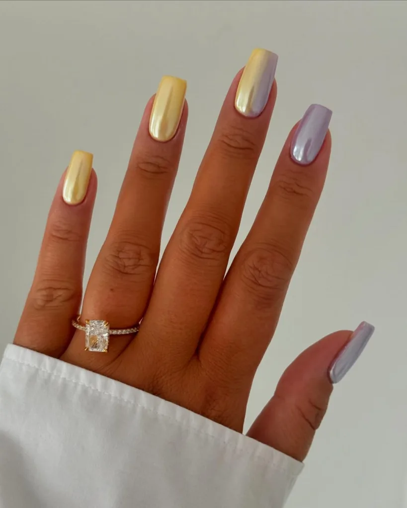Yellow and Purple Chrome Nails