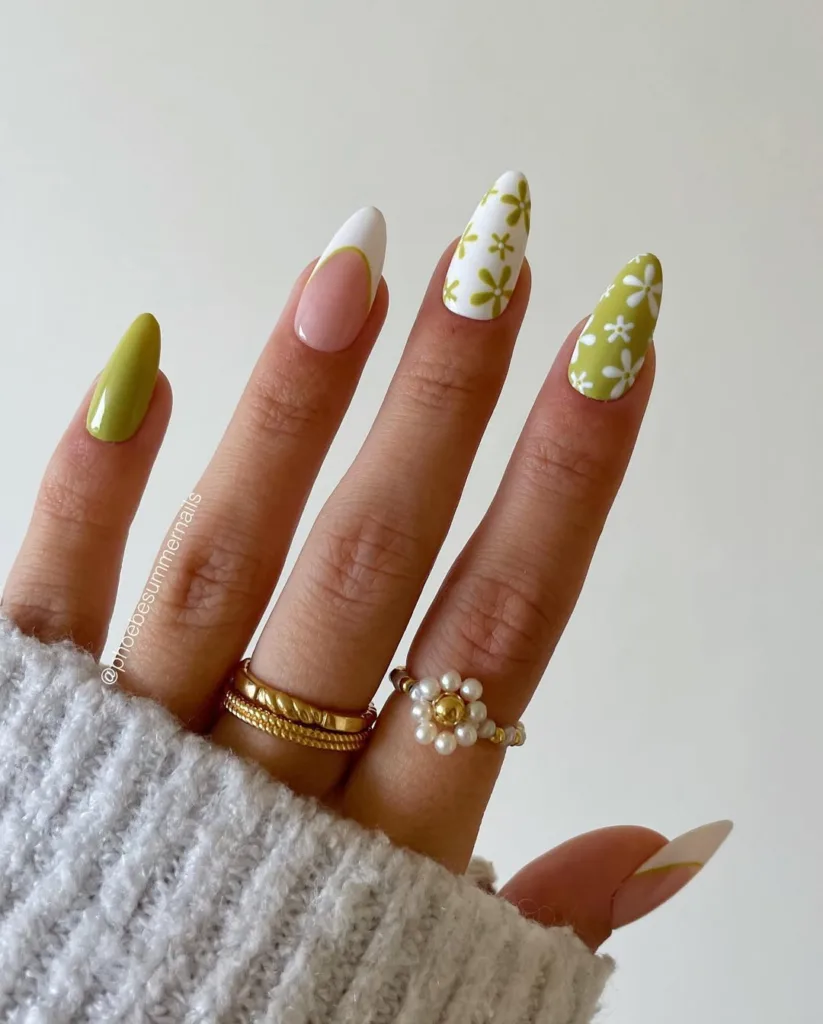 Green and White Flower Spring Nails