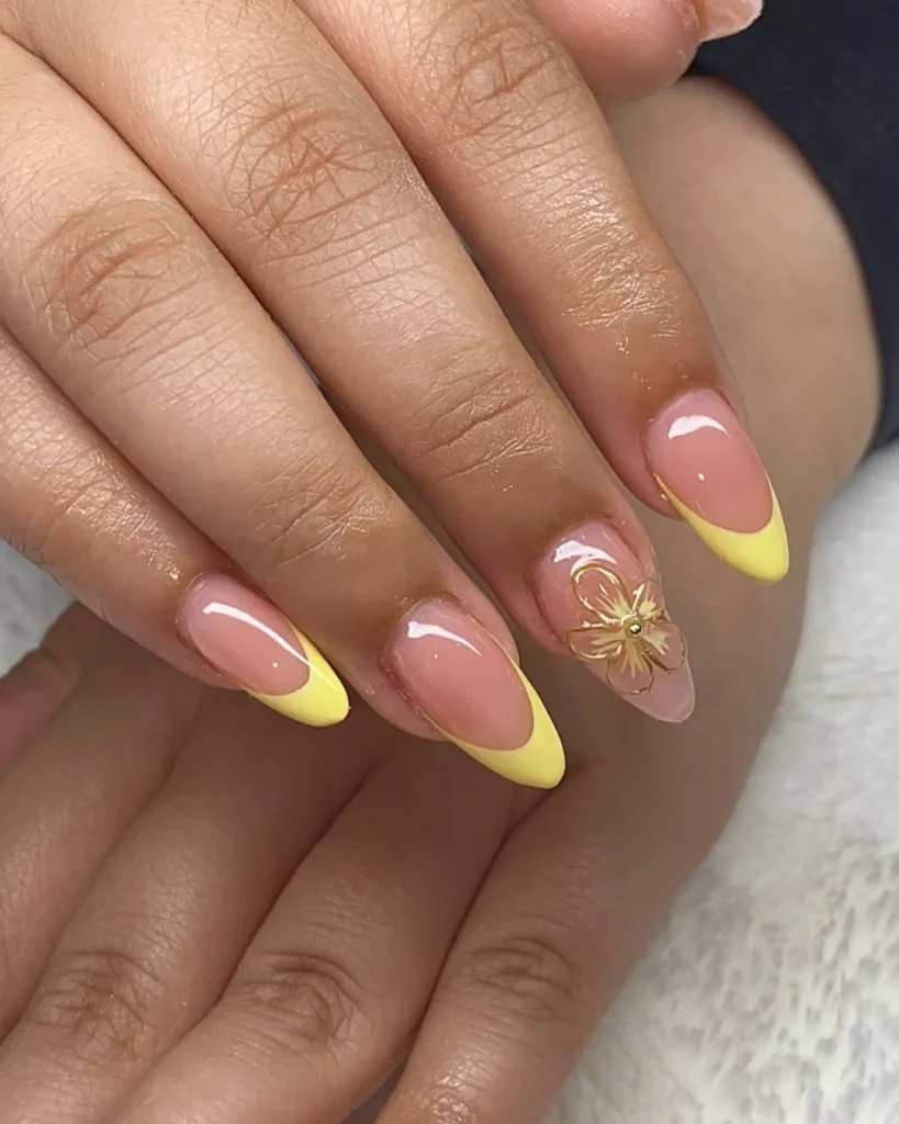 Almond Yellow French Tip Nails with Flowers