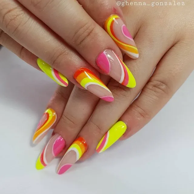 Almond Yellow Swirl Summer Nails