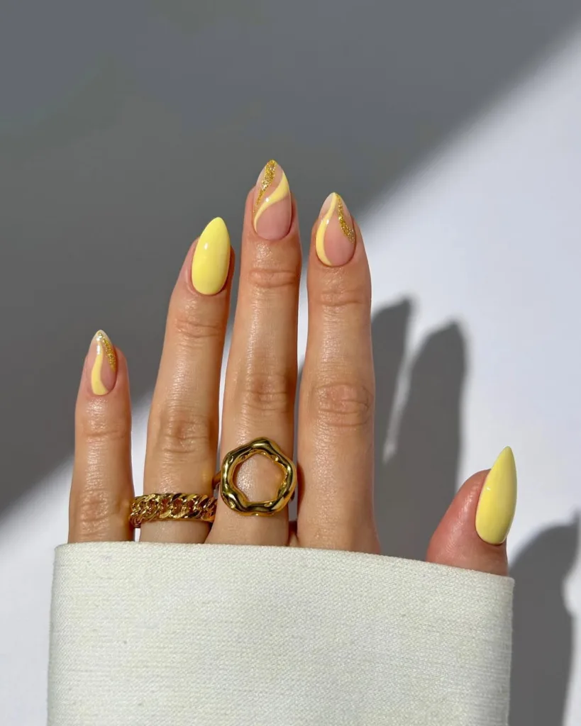 Almond Yellow Glitter Nails