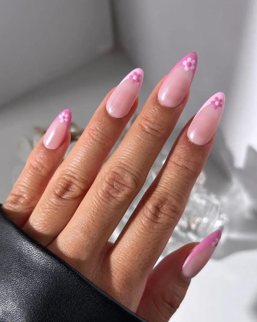 Pink French Tips with Floral Accents Spring Nails