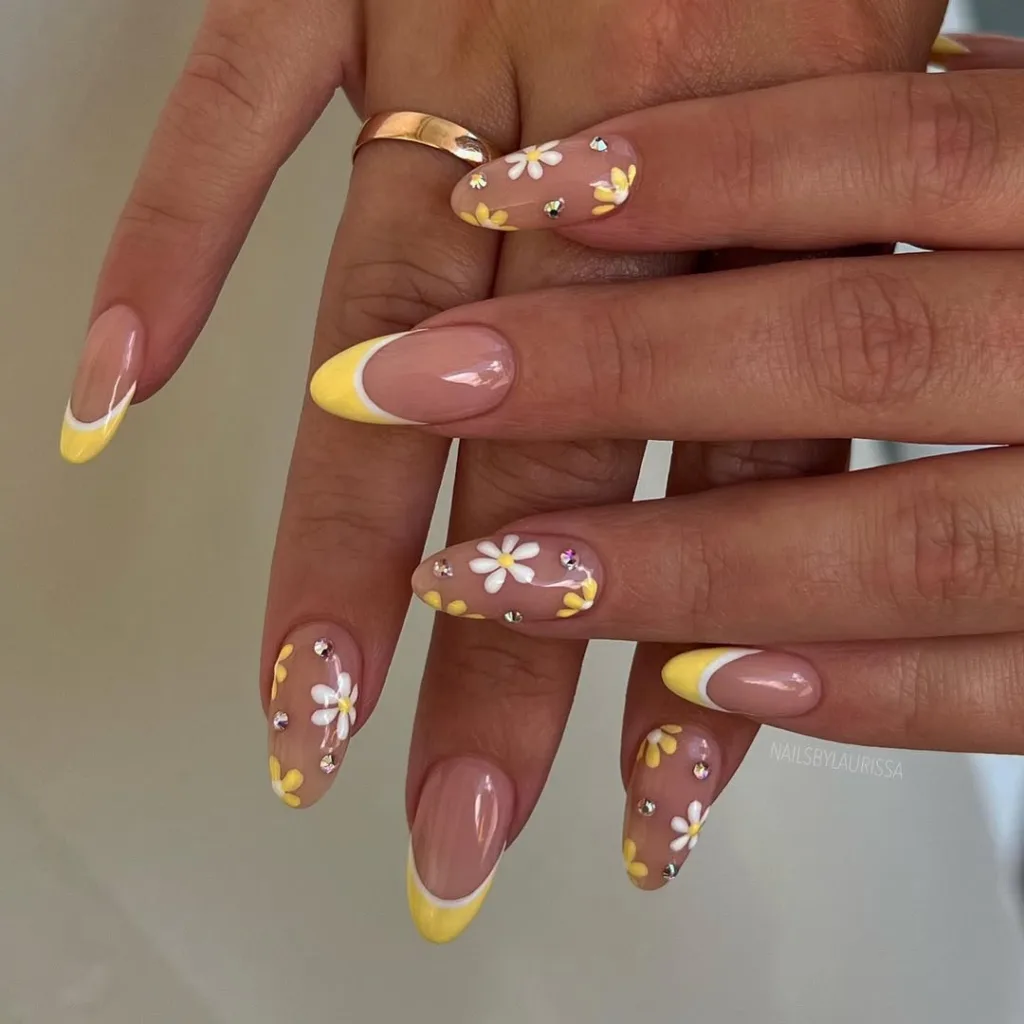 White and Yellow French Tip Nails with Flowers