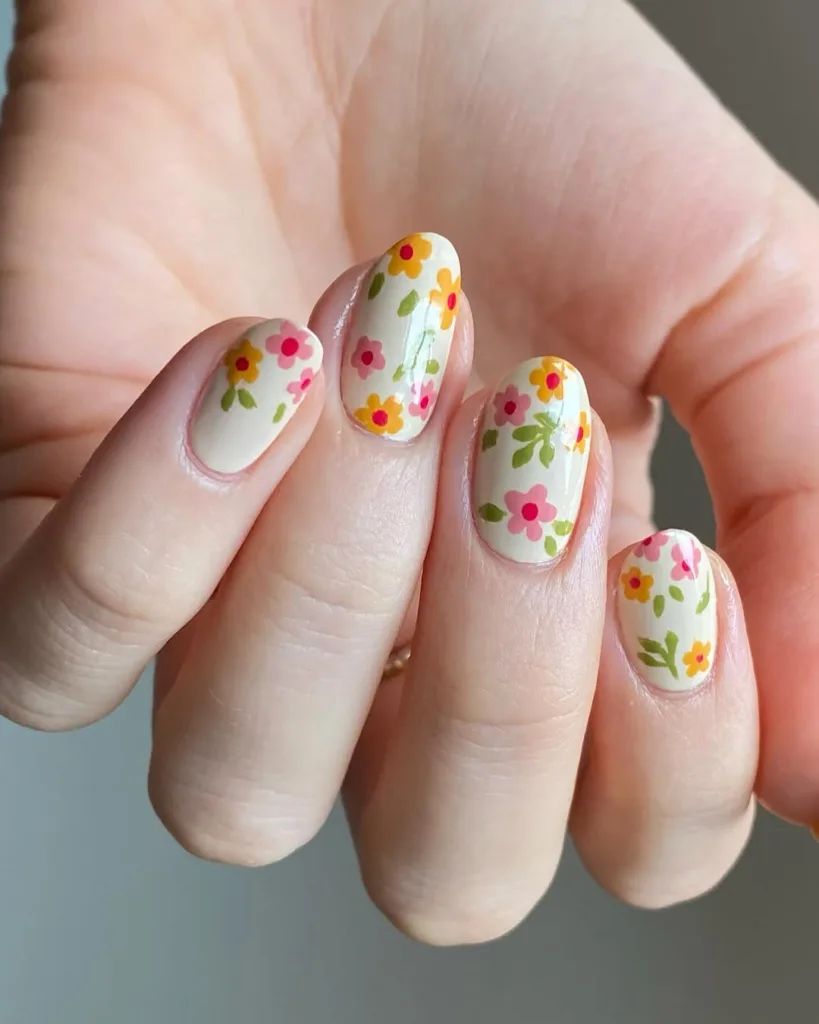 Hand Painted Small Flowers on Green Nails Spring Nails