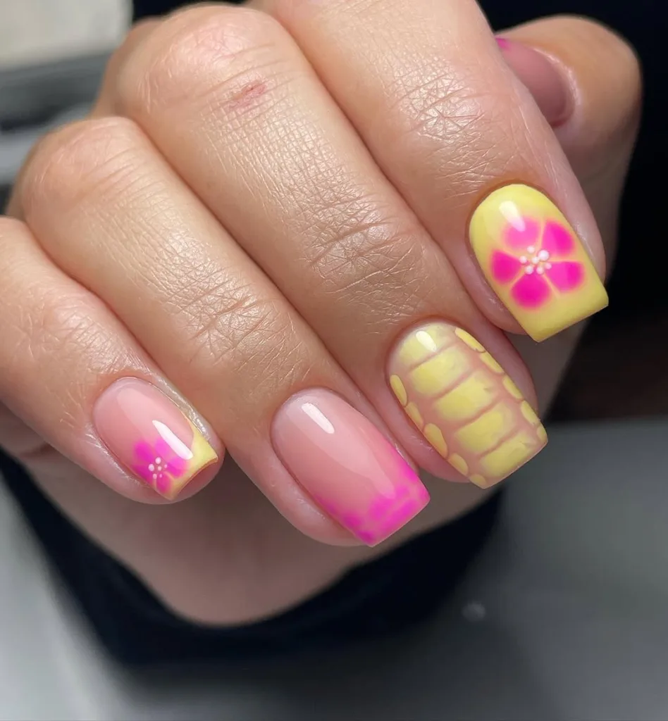 Short Square Pink and Yellow French Tip Nails with Flowers