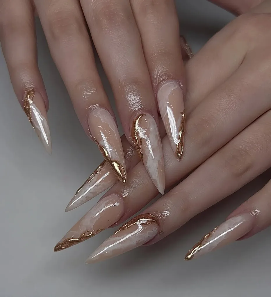 Long White Marble Nails + Gold Foil Nails