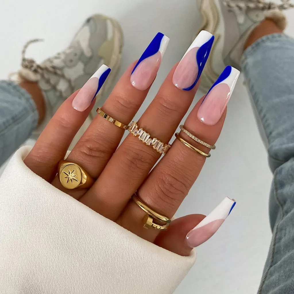 Blue and White French Tip Nails