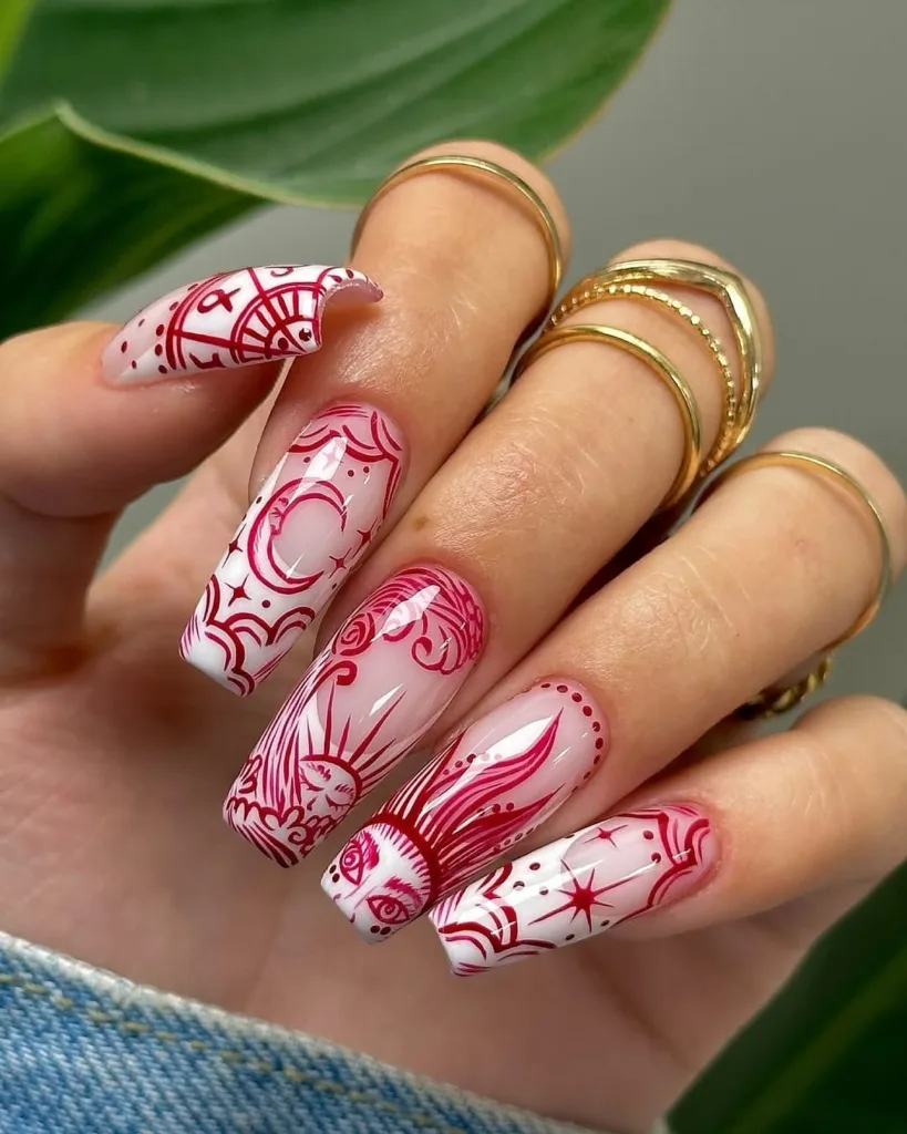 Long Red and White French Tip Nails