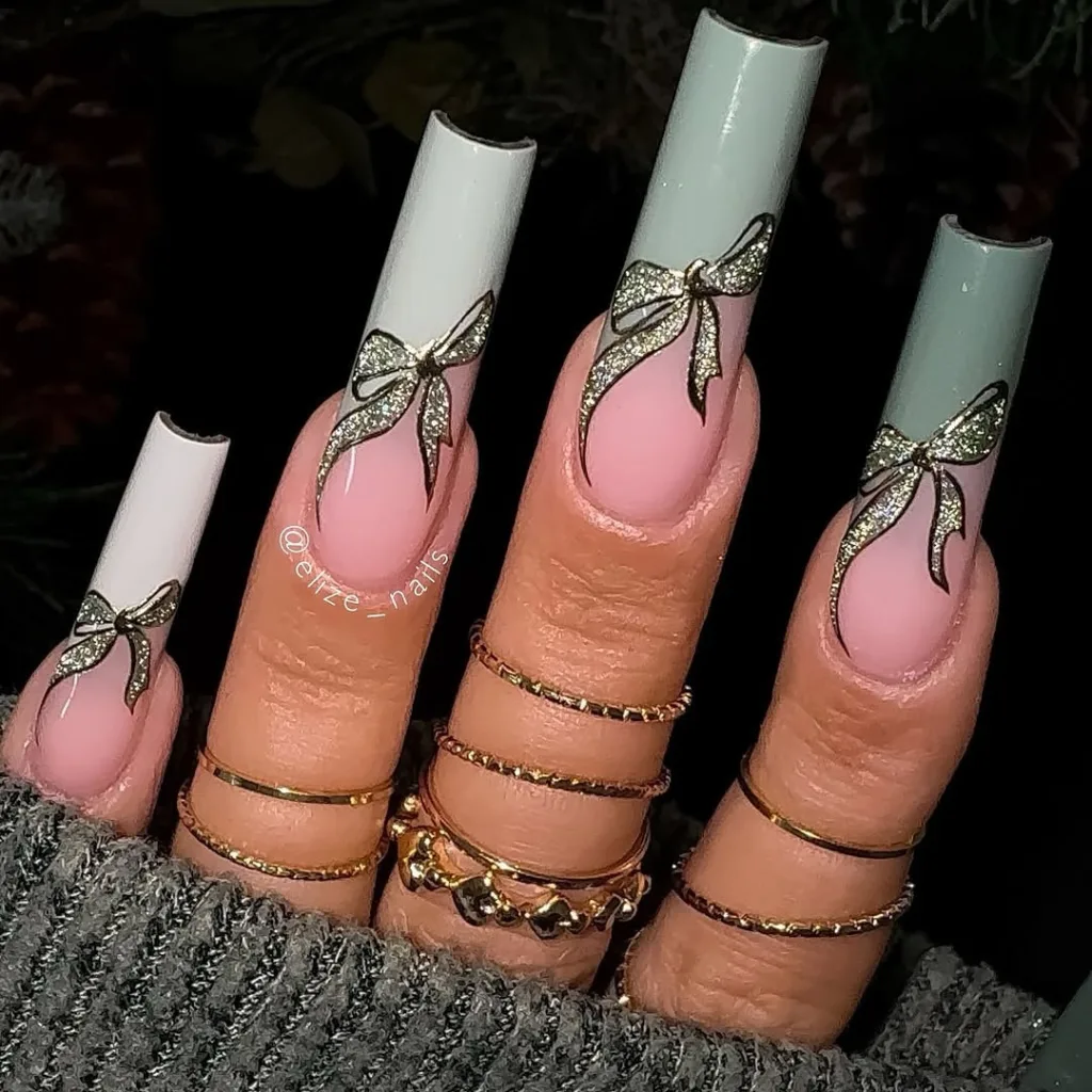 Long Green French Tip Nails + Bow Nails