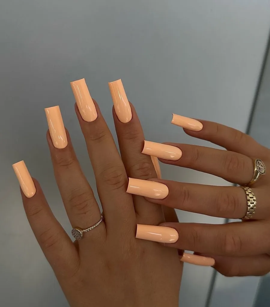 Long Solid Peach Square Nails