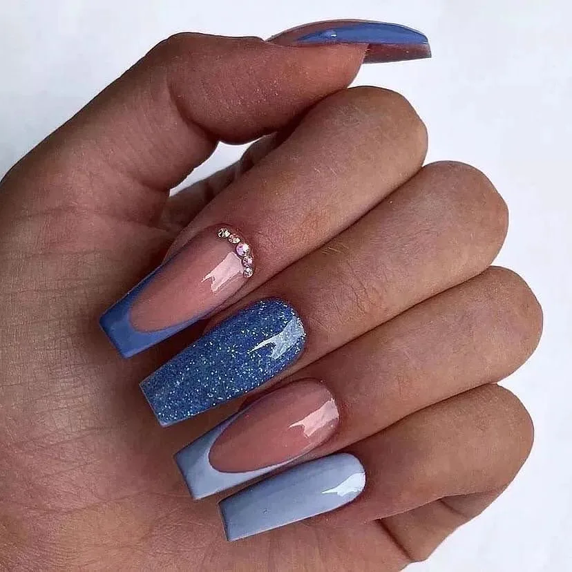 Long Coffin Blue French Tip Nails + Blue Glitter Nails + Rhinestone Nails