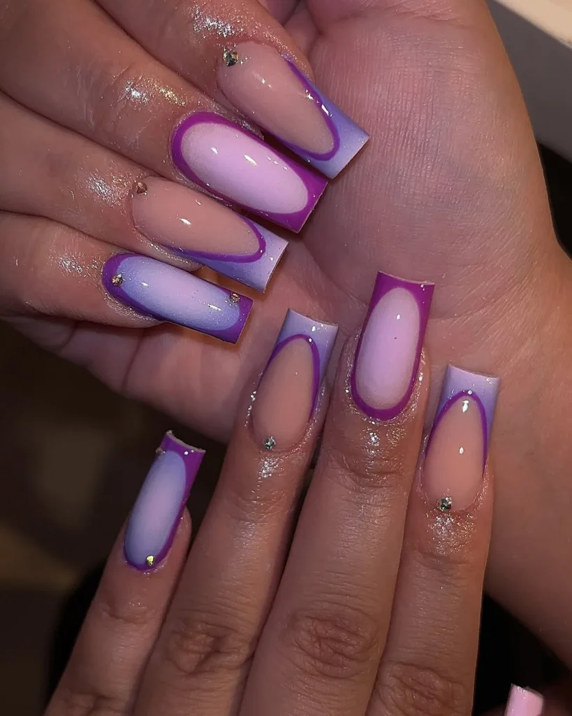 Purple French Tip Nails + Rhinestone Nails