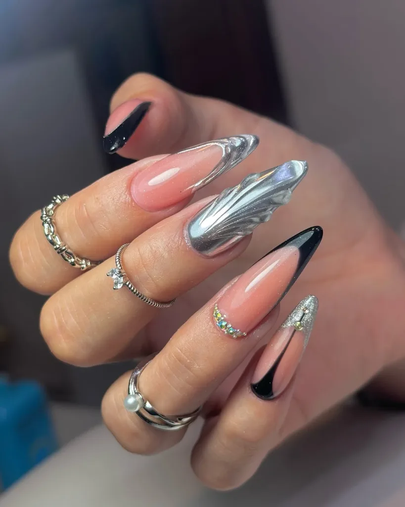 Long Black + Silver French Tip Nails