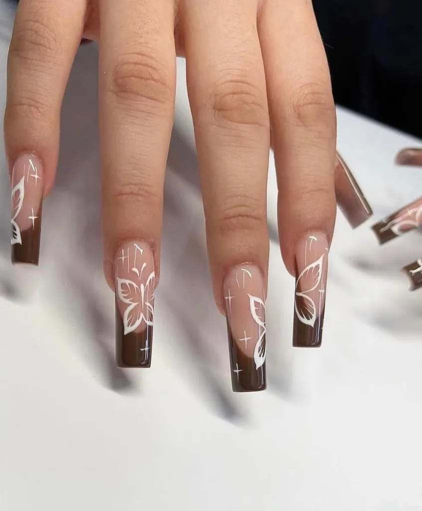 Brown + White French Tip Butterfly Nails